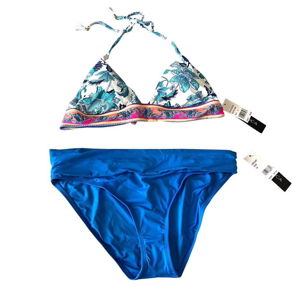 La Blanca Bikini Set Sz 16 Blue Floral Triangle Top High Waist Bottoms NWT
